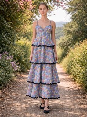 NWT English factory Grid Print Tiered Maxi Dress S